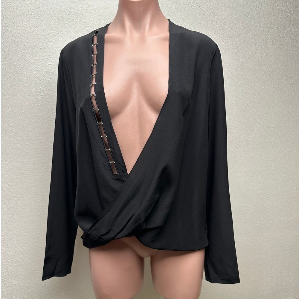 Mugler Black Silk Faux Wrap Chain Detail Blouse Women’s US 12
